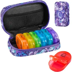 Weekly Travel Pill Organizer 2 Times A Day AM PM Upgraded Rainbow Pill Box 7 Day with Portable Zipper Canvas Pill Case, Medicine Organizer for Pills, Vitamins, Fish Oils - Purple 01