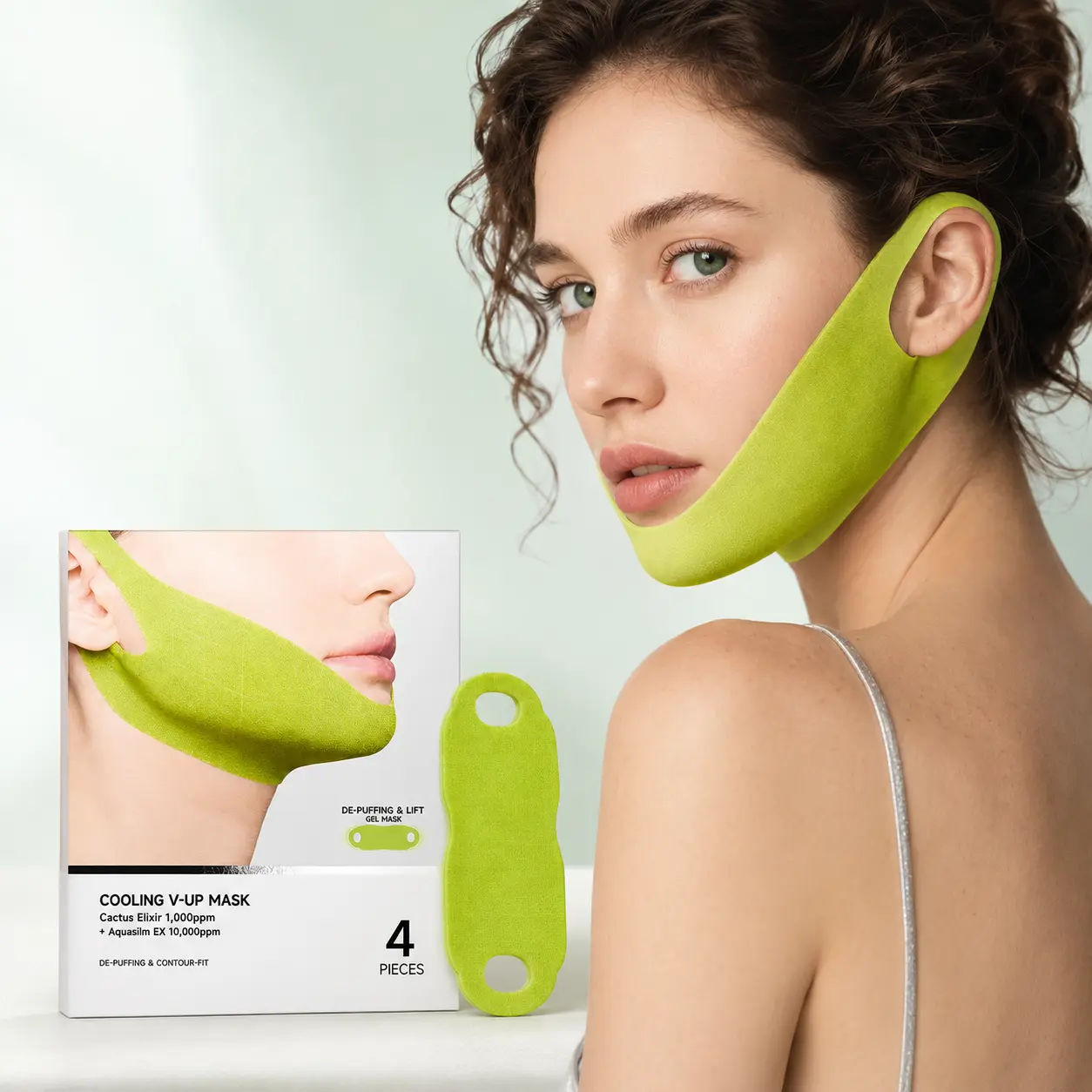 Cooling V-Up Hydrogel Mask 4-Pack, V-Shaped Chin and Jawline Facial Patches with Flexible Ear Loops, Refreshing Hydrating Care for Puffy-Looking Skin