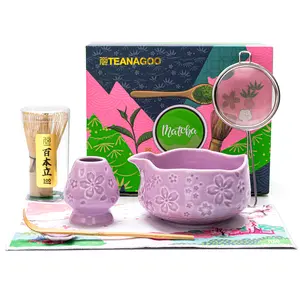 TEANAGOO 7-PCS Purple Matcha Whisk Set with Cherry Blossom Design, Complete Ceremony Kit, Ceramic Chawan Bowl with Spout, Whisk & Accessories, Traditional Matcha Tea Set for Lattes& Gift Giving
