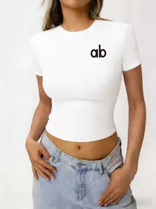 Women ab Letter Print Slim Fit Short Sleeve Round Neck Crop Top Womenswear, High Stretch & Soft Breathable Fabric, Perfect for Streetwear, Daily Outings & Casual Sports
