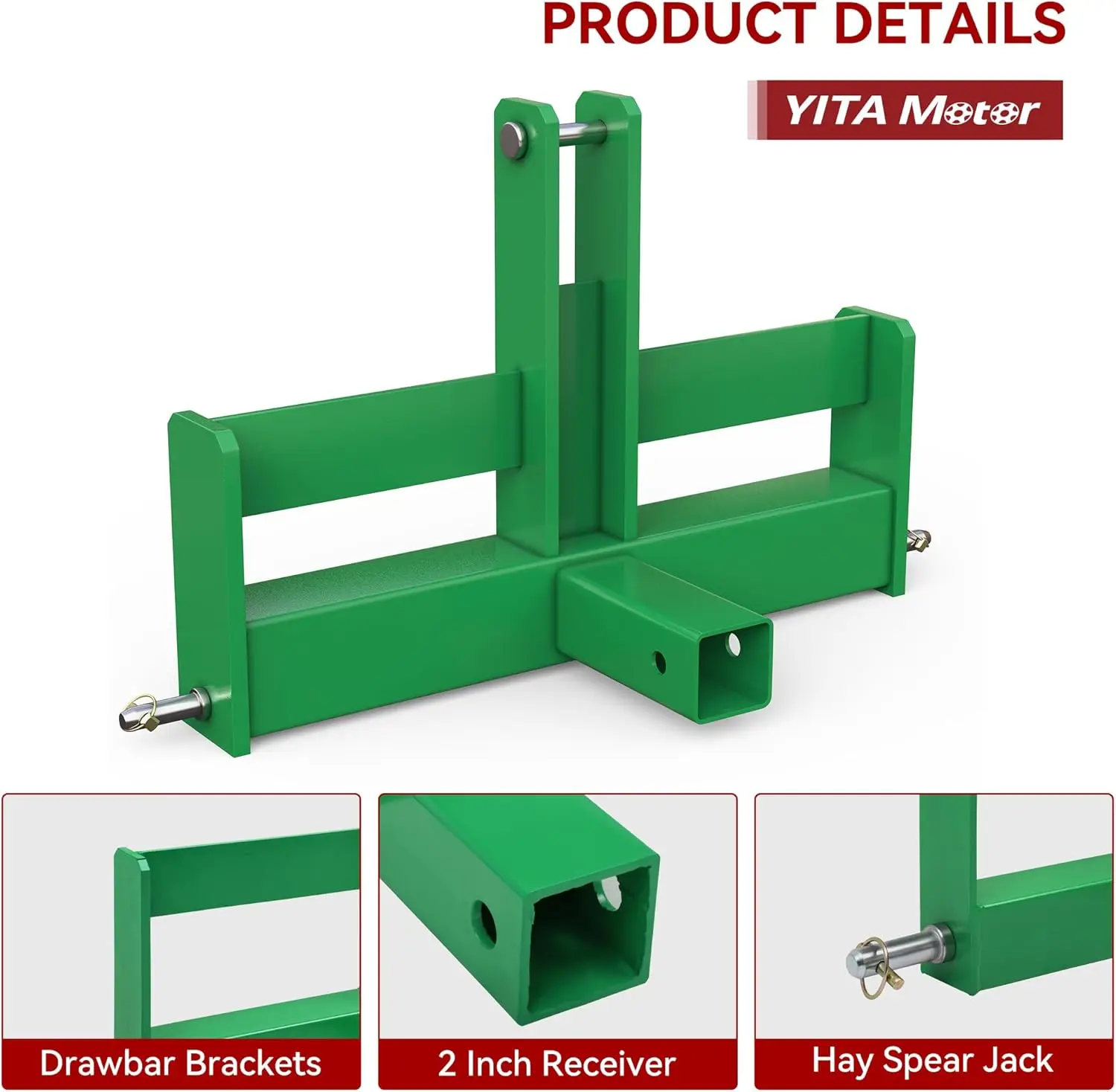 YITAMOTOR 3 Point Hitch Receiver for Category 1, 2" Receiver Tractor Drawbar Attachments with Suitcase Weight Brackets