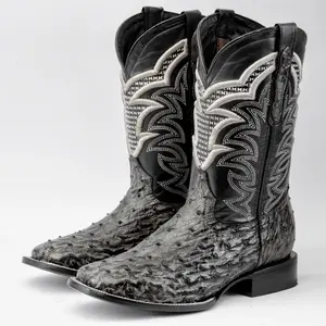 Grey Ostrich PRINT Leather Boots - Square Toe