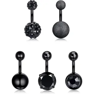 FINREZIO 5 Pcs Black Classic Diverse Piercing Jewelry Set for Women Men Cool Shining Surgical Steel Belly Button Rings 14G Short Length Navel Rings Fashionable Body Piercing Jewelry Set for Summer Beach Ocean