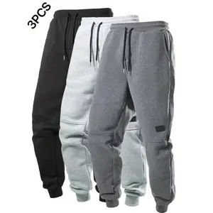 Set of 3 men’s casual jogger pants in solid colors, men’s drawstring pants with pockets, suitable for sports and casual wear