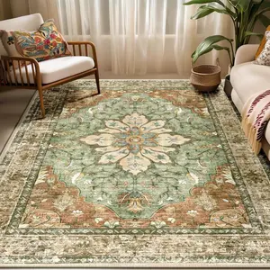 Area Rugs 5'x7' Washable Non-Slip, Floral Vintage Distress Print Pattern Medallion Carpet for Living Room Bedroom Dining Room, Beige Navy Blue Orange Colorful