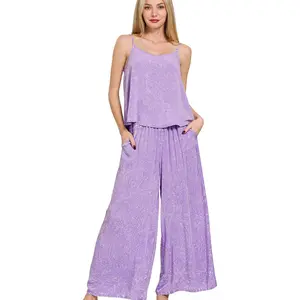 Zenana Woven Acid Crinkle Washed Cami & Pants 2 Piece Set