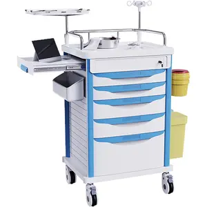 Adjustable Rolling Medical Storage Crash Cart - Includes Silent Casters, IV Pole, Needle Disposal Holder, Trash Bin & O2 Holder - Ideal Nursing Trolley for Clinics, Hospitals