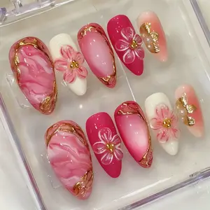 Almond Shape Gradient Nail Art, 3D Floral Design Press-On Nails, Handmade Rhinestones, Perfect for Dating, Parties, Travel