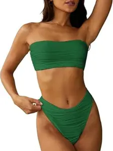 ZAFUL Women 2 Piece Bandeau Swimsuits Ribbed Lace up Strapless Bandeau Bikini Set High Cut Bathing Suits