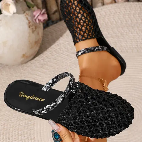 Women's Casual Hollow-Out Mule Slippers, Slip-On Flat Shoes, PU Leather Upper & Rubber Sole, Comfortable Slippers, Ideal for Indoor & Outdoor Wear, Shoes Mules