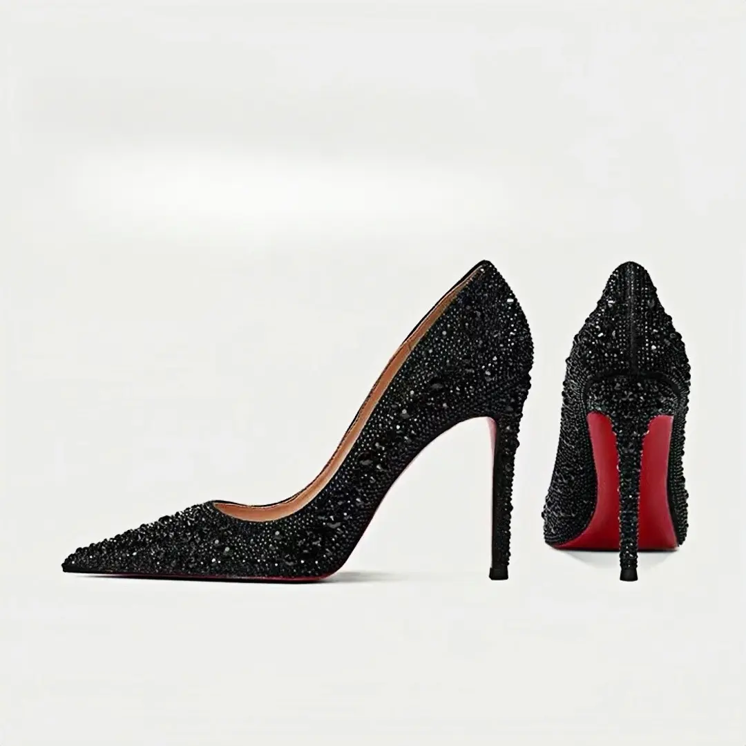 New‑arrival fashionable versatile rhinestone‑embellished pointed‑toe pumps with red sole and thin heel, casual women's high‑heeled shoes for spring, autumn and winter.