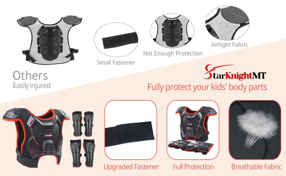 StarknightMT Youth Fit Kids Motorcycle Protective Gear Set - 3-10 Years Old Boys & Girls, ATV Chest Impact Shield, Dirt Bike Motocross Armor, Mountain Biking Use, Red, Snow Compatibility, Broad Use, A Pair of Elbow Pads, Chest Protector