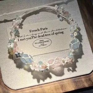 French Paris Hand Woven Natural Stone Bracelet with Three Crystal & Synthetic Fiber Rope Soft Color Change Green Flower Embellishment Adjustable Size 4-5.5CM Casual Party Vacation Summer Gift Rose Quartz