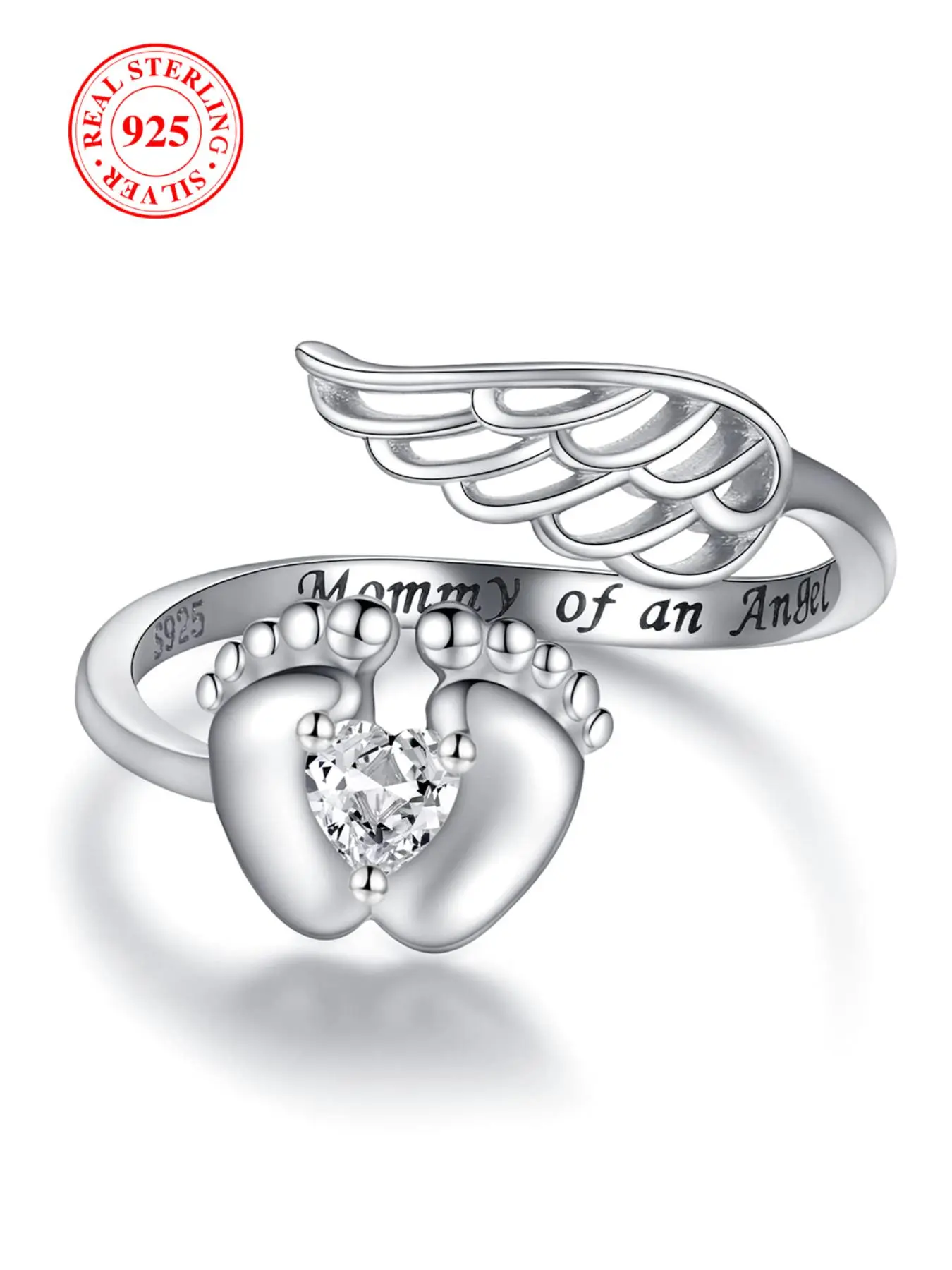 S925 Sterling Silver Angel Wing Design Ring, Heart & Footprint Design Ring with Box, Zircon Statement Ring, Fashion Jewelry Accessories for Women & Girls, Love Ring, Heart Shaped Ring