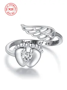 S925 Sterling Silver Angel Wing Design Ring, Heart & Footprint Design Ring with Box, Fashion Jewelry Accessories for Women & Girls, Heart Shaped Ring