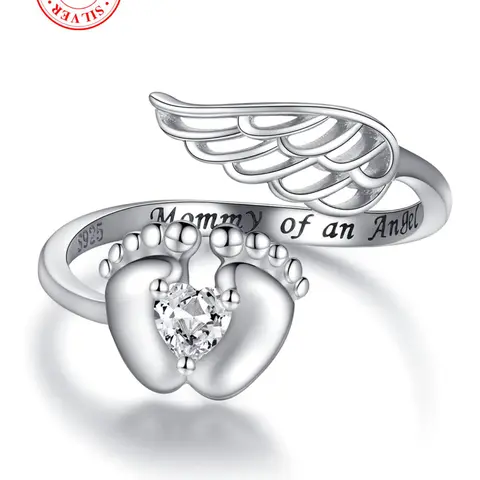 S925 Sterling Silver Angel Wing Design Ring, Heart & Footprint Design Ring with Box, Zircon Statement Ring, Fashion Jewelry Accessories for Women & Girls, Love Ring, Heart Shaped Ring, Fashion Rings, Unique Rings