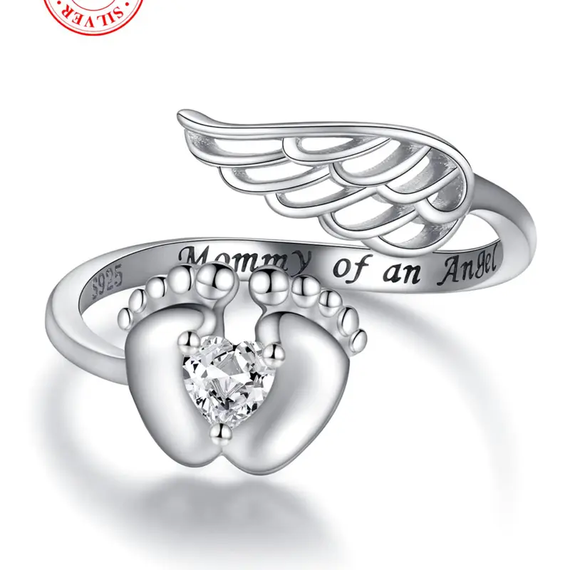 S925 Sterling Silver Angel Wing Design Ring, Heart & Footprint Design Ring with Box, Zircon Statement Ring, Fashion Jewelry Accessories for Women & Girls, Love Ring, Heart Shaped Ring, Fashion Rings, Unique Rings