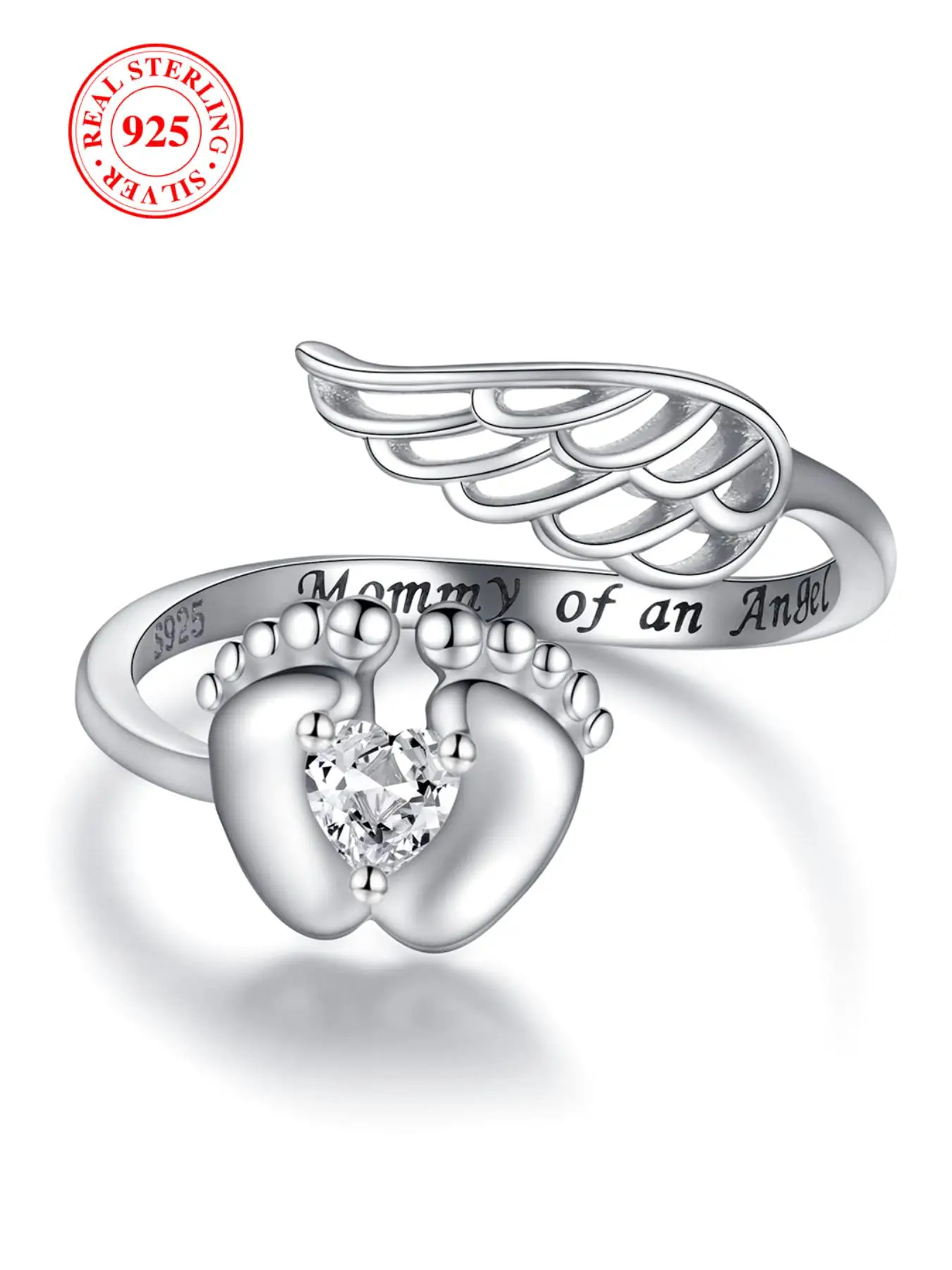S925 Sterling Silver Angel Wing Design Ring, Heart & Footprint Design Ring with Box, Fashion Jewelry Accessories for Women & Girls