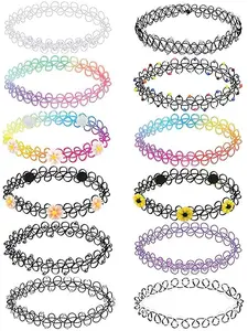 BodyJ4You Vintage 90s Y2K Style Elastic Tattoo Choker Necklace Set for Women - Rainbow, Black, Purple, Pink, Daisy Designs