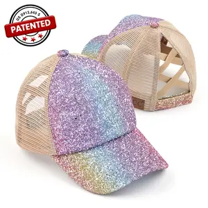 C.C Criss-Cross Pony Cap Crystal Ombre Chunky Glitter with Mesh for Women