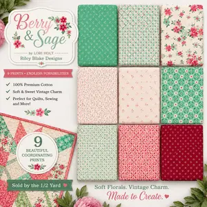 Choose Your Lori Holt Berry & Sage Floral Print Fabrics – 100% Cotton Fabric by the 1/2 Yard