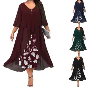 2025 New Plus Size Women's Chiffon Patchwork Fake Two-Piece Irregular Mid-Sleeve  Women's Elegant Loose Midi  Casual Fit dress Formal Womenswear