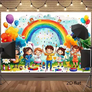 2D Flat, 1pc vibrant cartoon illustration of happy painting rainbows, holding paintbrushes and colorful palettes in their hands, surrounded by Photography Background Party Decorations Banner,