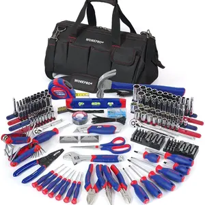 100-Piece Tool Kit with Storage Bag, Blue and Red Handles, Includes Screwdrivers, Wrenches, Pliers, and More