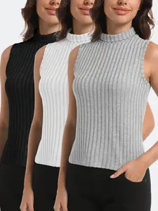 3pcs Women Sports Casual Outdoor Ribbed Brushed Sleeveless Turtleneck Vest