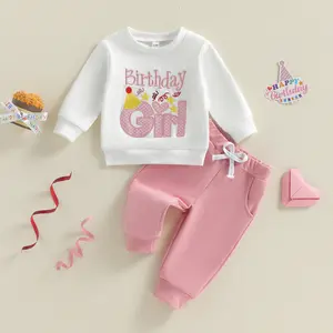 Toddler Girl Birthday Outfits Letter Embroidery Long Sleeve Round Neck Pullover + Elastic Waist Solid Pants 2 Pcs Set