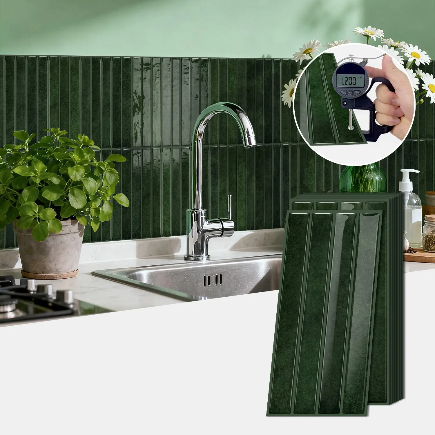 No Grout No Mess! 24Pcs Dark Green Peel & Stick Backsplash Tiles - Waterproof Vertical Tile Stickers, Rental Friendly Easy DIY Kitchen Wall Decor