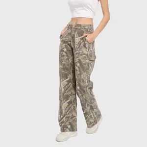 PinkyMoor Women’s camo pants with a branch camouflage pattern, stretch mid-low rise casual cargo style, perfect for work and everyday wear, featuring pockets and a loose straight-leg fit.