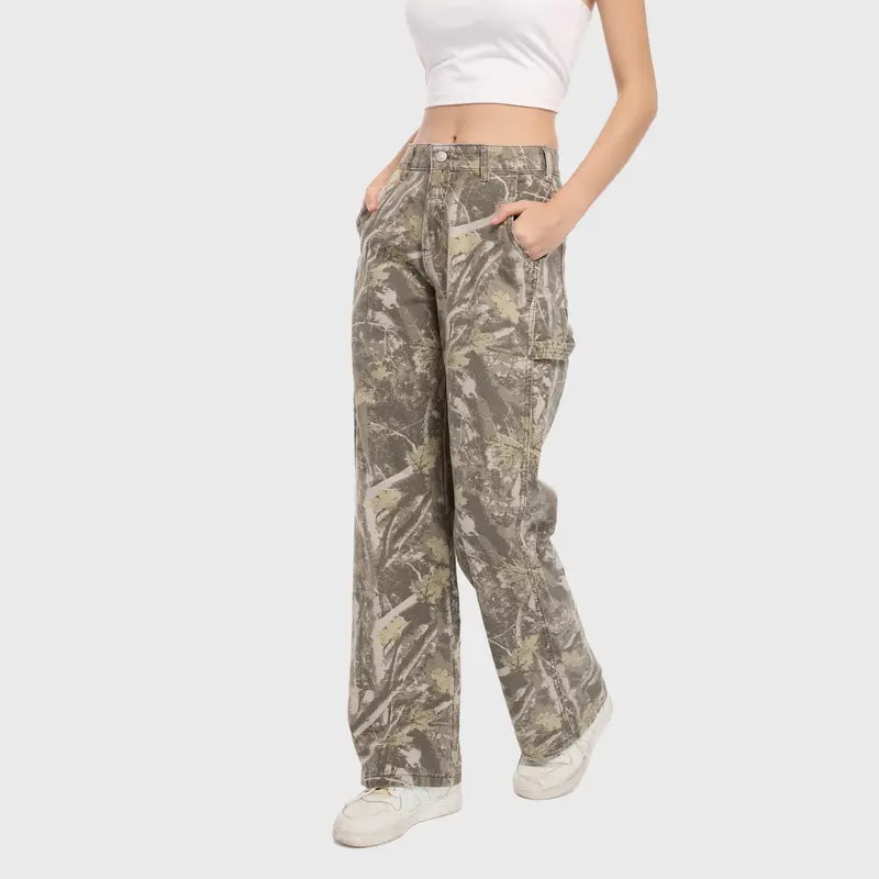 PinkyMoor Women's Stretch Cotton Camo Cargo Pants - Low Waist, Casual Chic Style, Expandable Raw Wash Loose Straight-Leg, Durable for Everyday Wear, True-to-Size Fit, Ideal for Halloween & Christmas