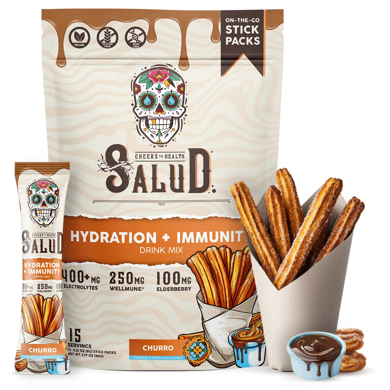 Salud 2-in-1 Hydration Packets + Immunity Electrolytes Powder, Churro - Agua Fresca Drink Mix, Elderberry, Dairy & Soy Free, Non-GMO, Gluten Free, Veg