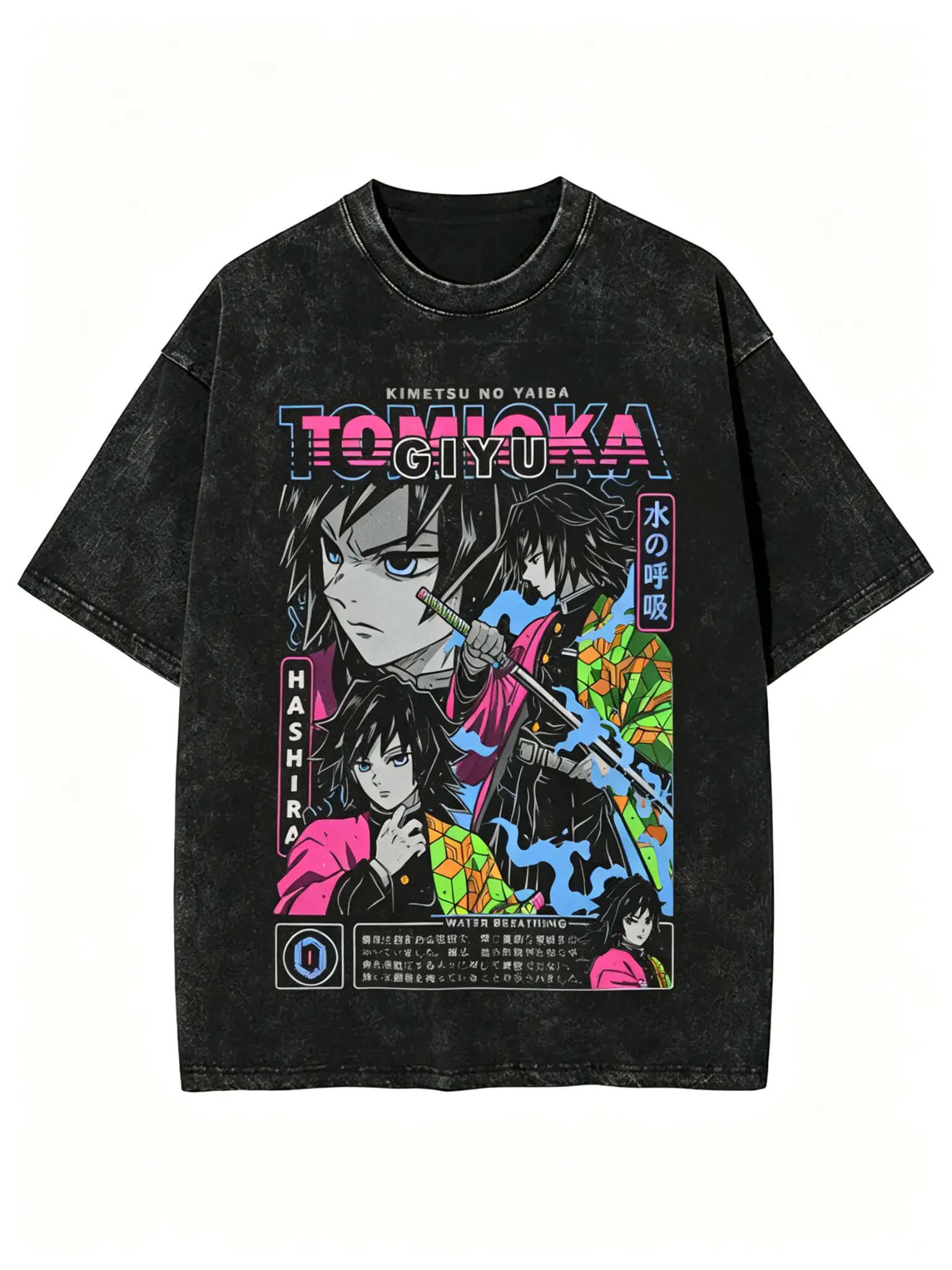 Men's Stylish Vintage Acid-Washed Demon Slayer Tomioka Giyuu Water Breathing Hashira Graphic T-Shirt, Baggy Oversized Short-Sleeve Top, Unisex Relaxed-Fit Streetwear, Shortsleeve