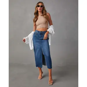 New High-Waisted Slit Denim Skirt for Women European American Style A-Line Mid-Length Washed Denim Skirt with Tassel Elements in Dark & Light Blue Sizes S-XXL