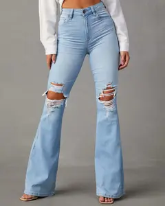 2026 Light Wash High Waisted Stretchy Ripped Flare Jeans - Slim Fit Distressed Bell Bottoms, Comfy Elastic Bootcut Denim Pants for Women #flarejeans #rippedjeans #y2kfashion #ootd #tiktokfashion Womenswear Streetwear Flared, Casual, Outfits