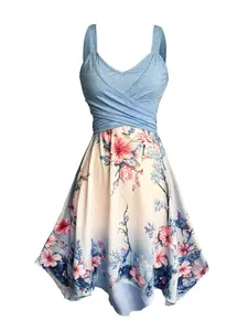 Women's Floral Print  Dress,   Fashion Casual Sleeveless Cross Wrap Dress for Beach Holiday Vacation, Ladies Summer Clothes, Floral Pattern Dress