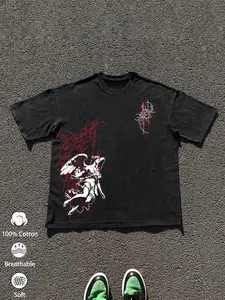 Dark Faith Streetwear Style Distressed Cotton Fitted Short Sleeve T-Shirt, Praying Angel Graphic, Vintage Retro Look, Casual Daily Wear, Menswear