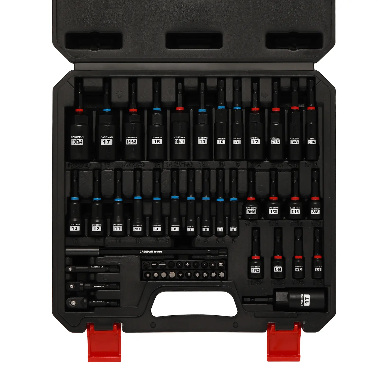 CASOMAN 55-Piece Magnetic Nut Driver Set with Multifunctional Screwdriver for Impact Drill - ANSI-Compliant, Deep & Shallow Sockets, Metric & SAE Sizes, Bit Extension Bar, Socket Adapters, Wing Nut Driver, Tool Box