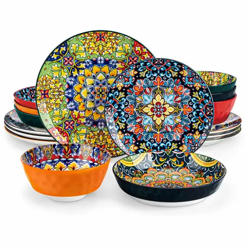 vancasso Simi Boho Dinnerware Set for 4, Artisanal Ceramic Dish Set with 10.5" Dinner Plate, 8.5" Dessert Plate, 26oz Pasta Bowl, and 32oz Cereal Bowl