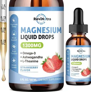 Triple Magnesium Complex Liquid Drops, 1300mg Magnesium Glycinate, Taurate & Citrate with Omega3, L-Theanine, Ashwagandha, Potassium, D3, B6, B12 for Calm, Sleep, Muscle, Strawberry Flavor, 2 Fl OZ