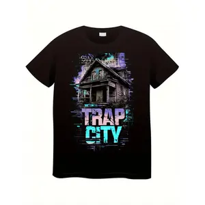 Men's Trap City Graphic T-Shirt - Vintage Trap Style Tee with Graffiti Art &, Urban Streetwear Shirt in Black for Concerts, Festivals, Casual Attire - Machine Washable Regular Fit Apparel, Festival Clothing, Trap Style Shirt, Comfortable Round Neck