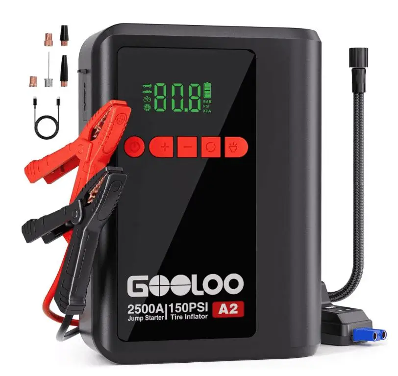 GOOLOO A2 8-in-1 Jump Starter with Air Compressor, 2500A Car Battery Booster (Up to 8L Gas/6L Diesel) 150 PSI Cordless Auto-Shutoff Tire Inflator, 12V Supersafe Lithium Jump Box with Jumper Cables
