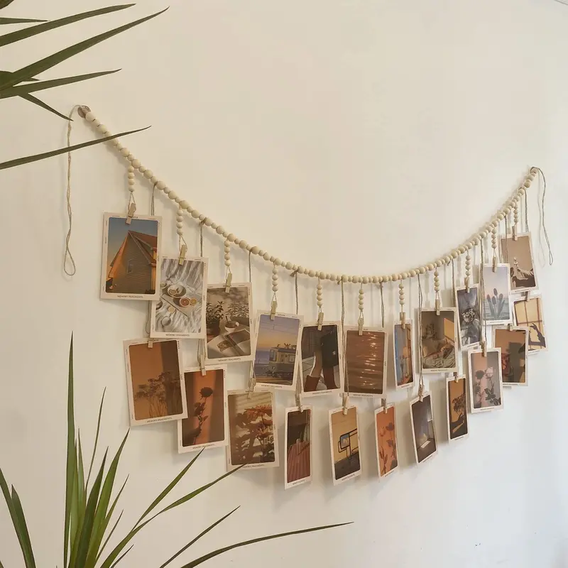 Boho Photo Clip String, Hanging Photo Display Wall Decor, Wooden Bead Garland Collage Picture Frame with Clips, Photo Display Hanging Rope for Home Dormitory Classroom Bedroom, Hanging Wall Art, Home Decor Products