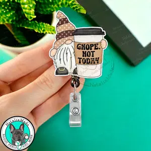 Gnome with Coffee Retractable Badge Reel, Gnope Not Today ID Name Badge Holder, Heavy Duty Reel, Lanyard, Healthcare, Office, Teacher Badges