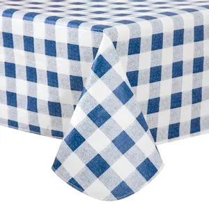 Deep Blue Checkered Tablecloth 52x70, Waterproof with Non-Slip Flannel Backing, Perfect for Daily Use