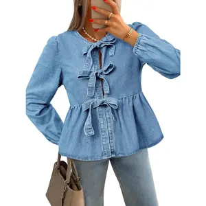 FMEYOA  Womens Denim Tie Front Tops Babydoll Peplum Cute Blouse Puff Long Sleeve Going Out Jean Shirts