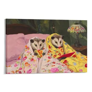 Pizza Night Art Print Surreal Possum Eating Pizza In Bed Poster Quirky Animal Wall Decor For Home Living Room Bedroom Kitchen opossum humor artwork funny poster 24x  36 unique wall art decor posters  room home decor picture