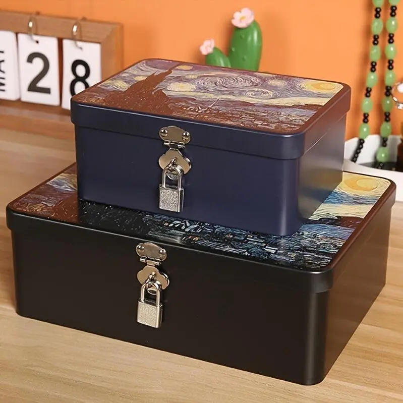 Vintage-Style Large Capacity Tinplate Storage Box with Lock & Key - Perfect for Cosmetics, Jewelry, and Certificates - Black Metal Art Organizer